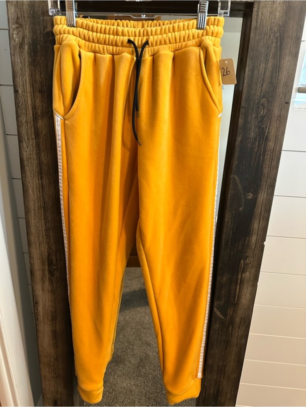 Mustard Yellow Velour Jogger Sweatpants Womens L/XL Side Stripe Drawstring Y2K